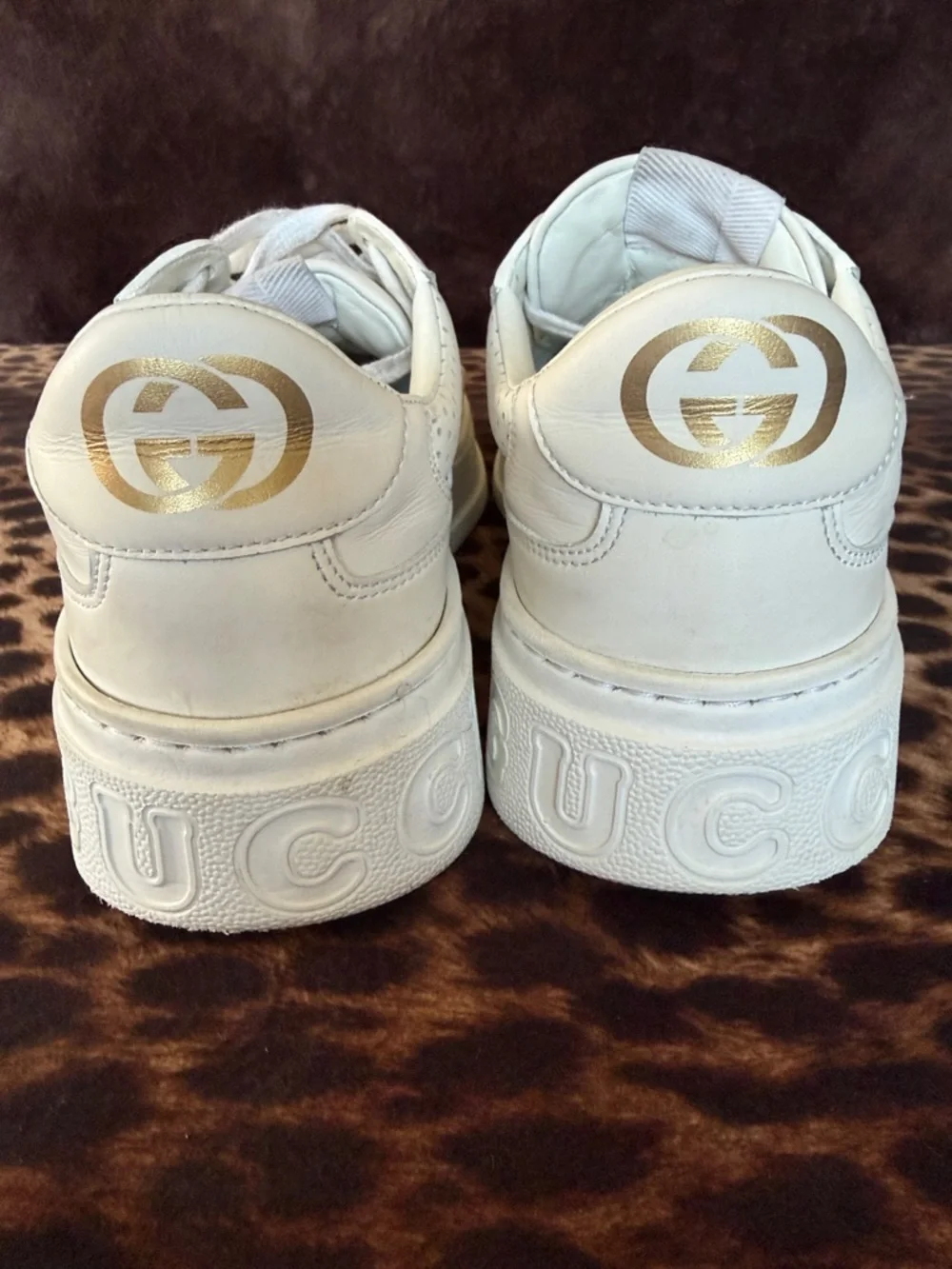 Gucci Cream/Gold Platform Leather Sneakers - Picture 3 of 4